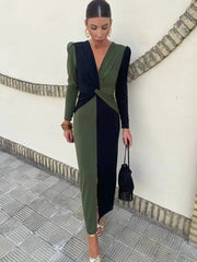 LIZAKOSHT  -  Patchwork Long Sleeve Slit Women Maxi Dress Green Deep V-neck Ruched Autumn Winter Skinny Elegant Party Evening Dress