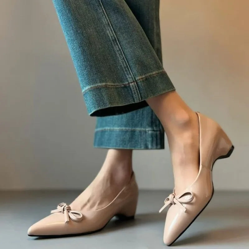 LIZAKOSHT  -  French Mary Jane High Heels Women Pointed Toe Patent Leather Shallow Mouth Bow knot Elegant Dress Pumps Zapatos Mary Jane
