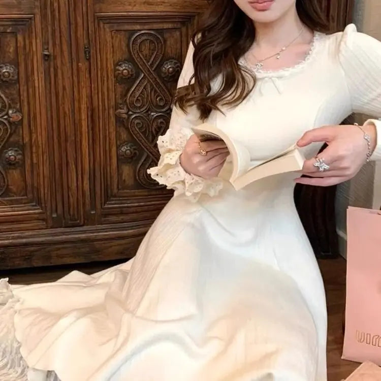 LIZAKOSHT  -  Long -sleeved Knitted Dress Female New Inner White Skirt