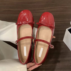 LIZAKOSHT  -  women bouble bowtie flats japanned leather ballerina shoes height increasing bowknot ankle strap loafers women slip on wedges