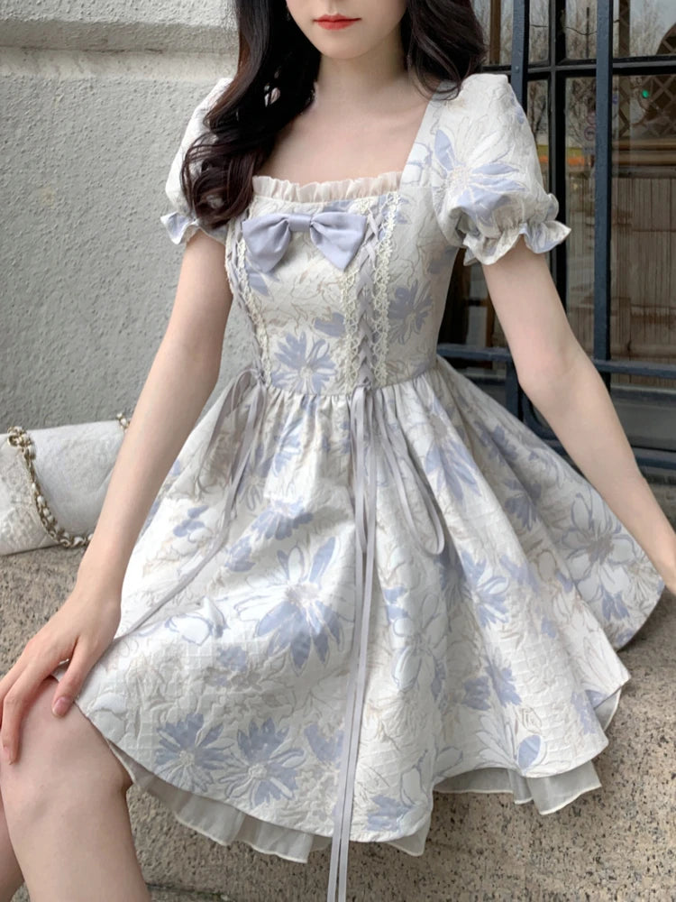 LIZAKOSHT  -  Summer Floral Elegant Mini Dress Women Square Collar Office Lady Dress Party Style Casual One Piece Dress Korean Fashion