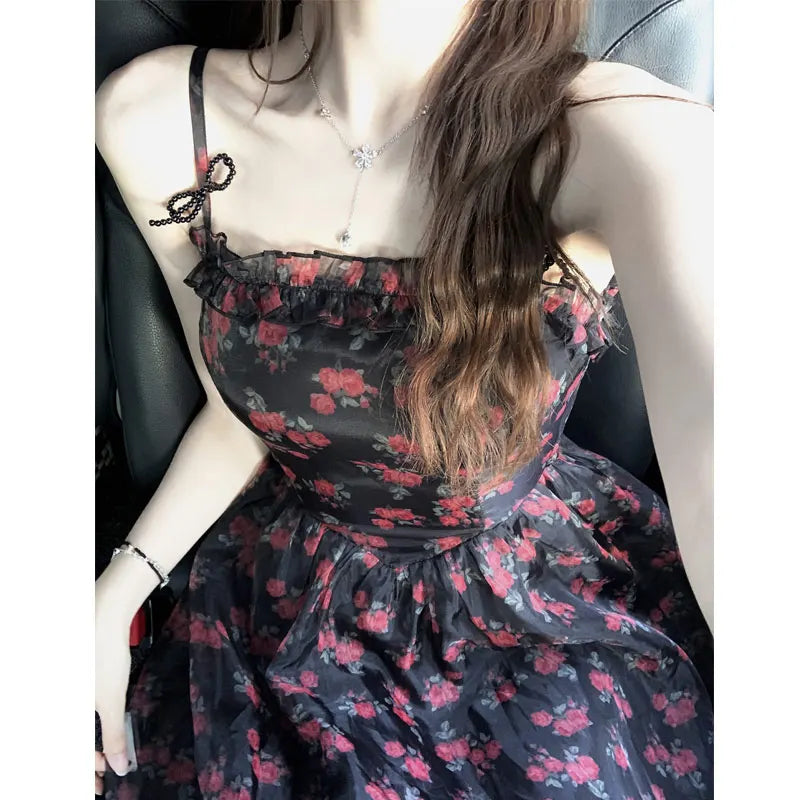 LIZAKOSHT  -  Summer Black Slip Dress Off Shoulder Printing Patchwork Midi Dresses  Temperament Women Clothing Floral Holiday Beach Dress