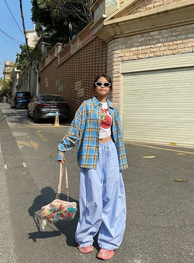 LIZAKOSHT  -  Women Striped Jazz Dance Pants Blue Loose Casual Lazy Wide Leg Pants Harajuku Y2K Summer American Streetwear Cargo Pants