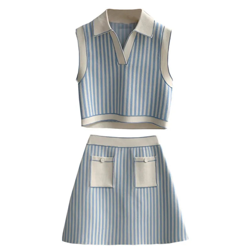 LIZAKOSHT  -  Striped Korean Brand Knitted 2 Piece Sets Sleeveless Polo Collar Short Tops Mini Skirts Suits Patchwork Blue Y2K Women Clothing