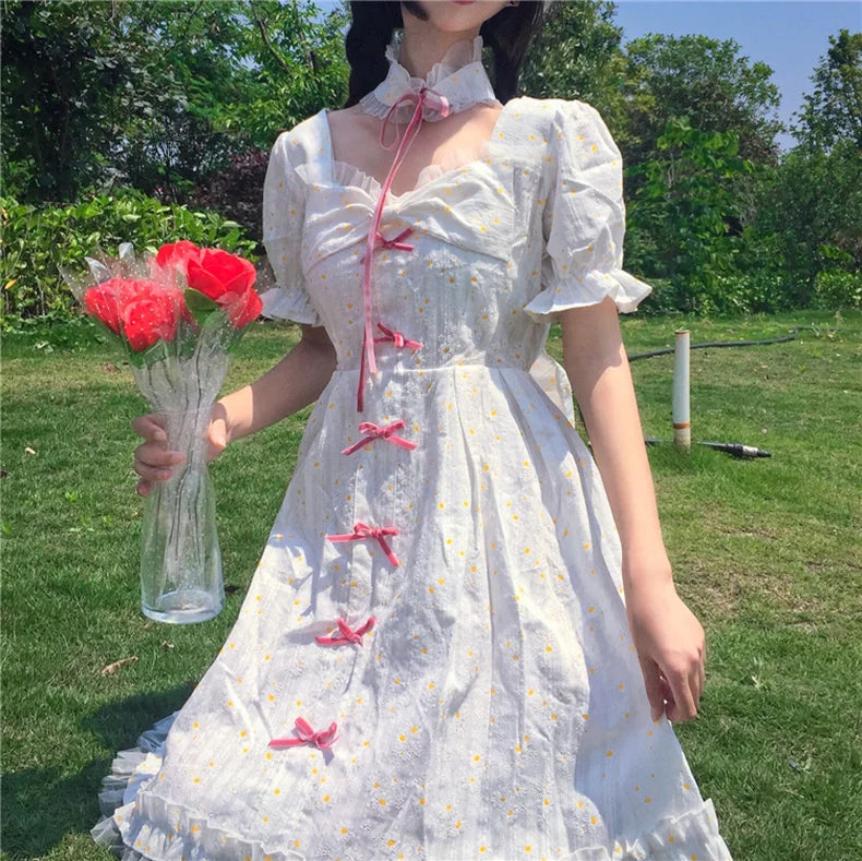 LIZAKOSHT  -  Summer Dress New Japanese Girl Style  Fresh Square Collar Small Daisy Bubble Sleeve High Waist Dress Victorian Kawaii Girl