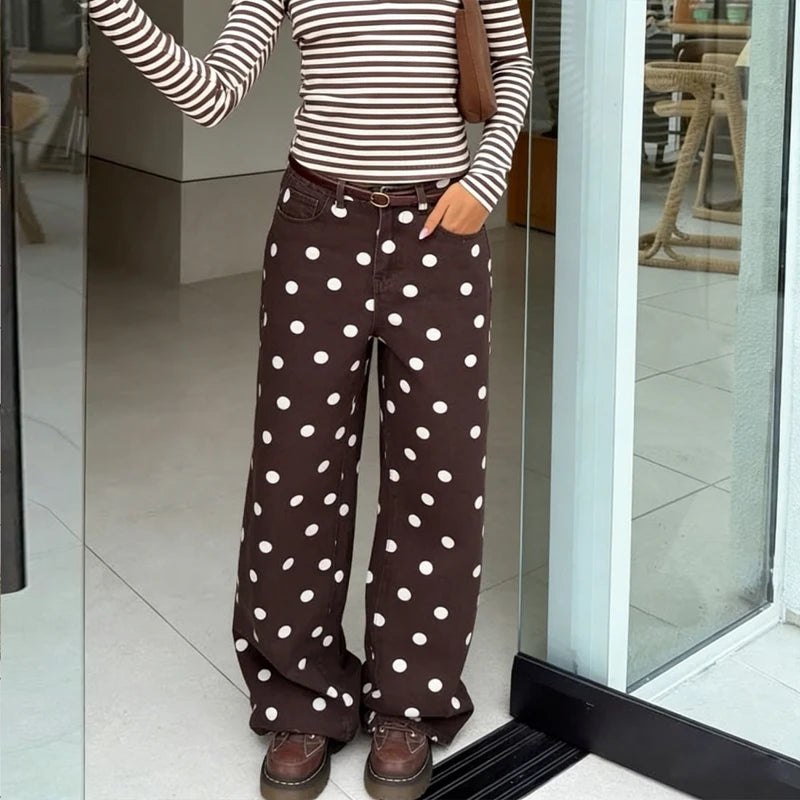 LIZAKOSHT  -  Women Polka Dot Wide Leg Jeans High Waisted Loose Fit Straight Leg Denim Pants Y2K Retro Trousers Preppy Streetwear