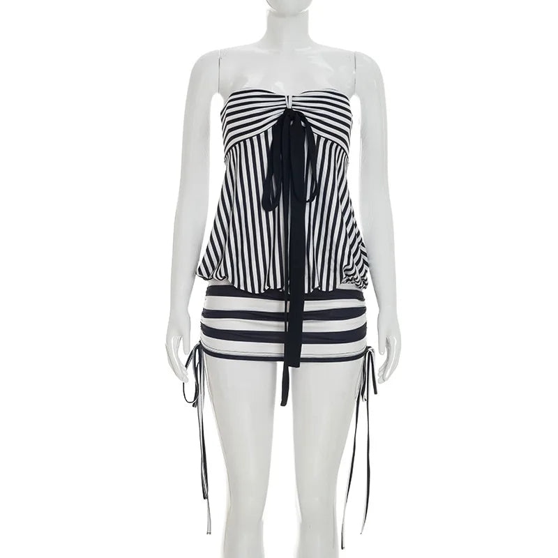 LIZAKOSHT  -  New Euramerican Fashion High Street Strapless Summer Dress Y2k Constrast Colorstriped Casual Streetwear Drawstring Bodycon Dress