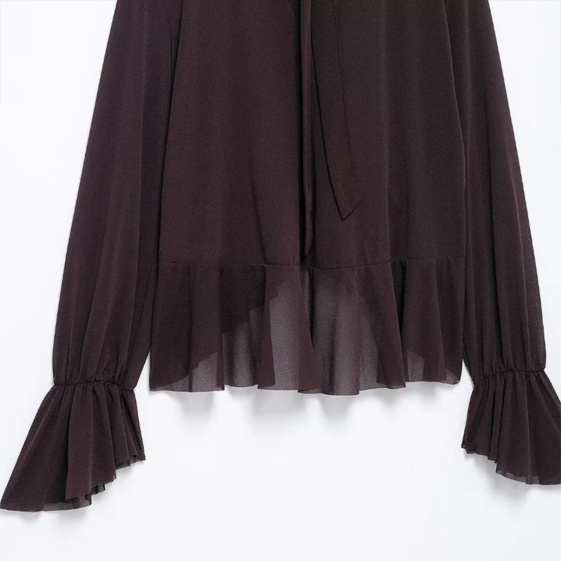 LIZAKOSHT  -  Elegant Shirts Women Loose Ruffles O Neck Long Sleeves Shirt Female 2025 Spring Summer Fashion Solid Soft Lace Up Chiffon Tops