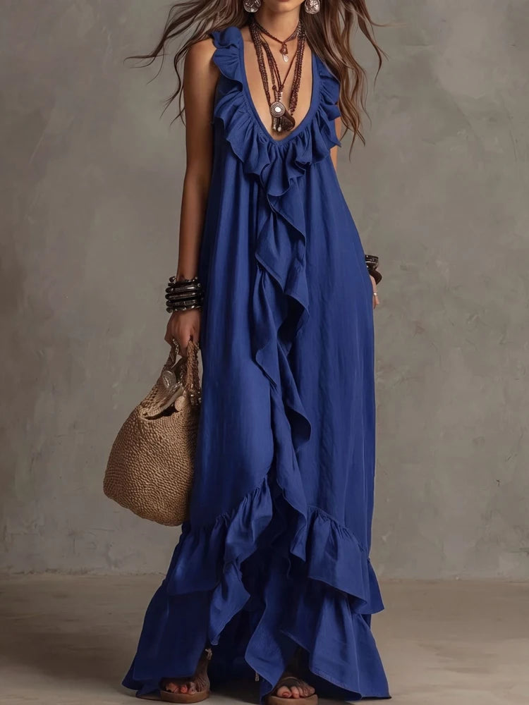 LIZAKOSHT  -  Lady Fashion Ruffle Trim Vacation Long Dress Bohemian Style Loose Summer Dress  Elegant Deep V Neck Sleeveless Solid Party Dress