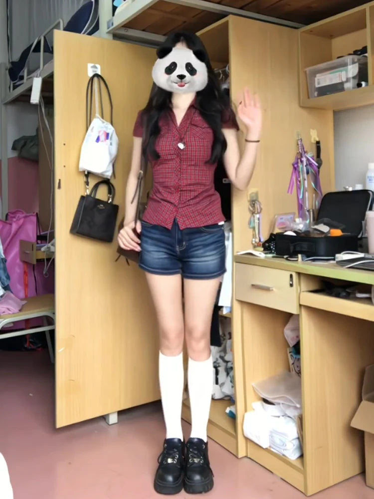 LIZAKOSHT  -  American Style Red Plaid  Neck Short Sleeve Slim Fit Shirt for Women Summer Design Waist Cinched Slimming Top