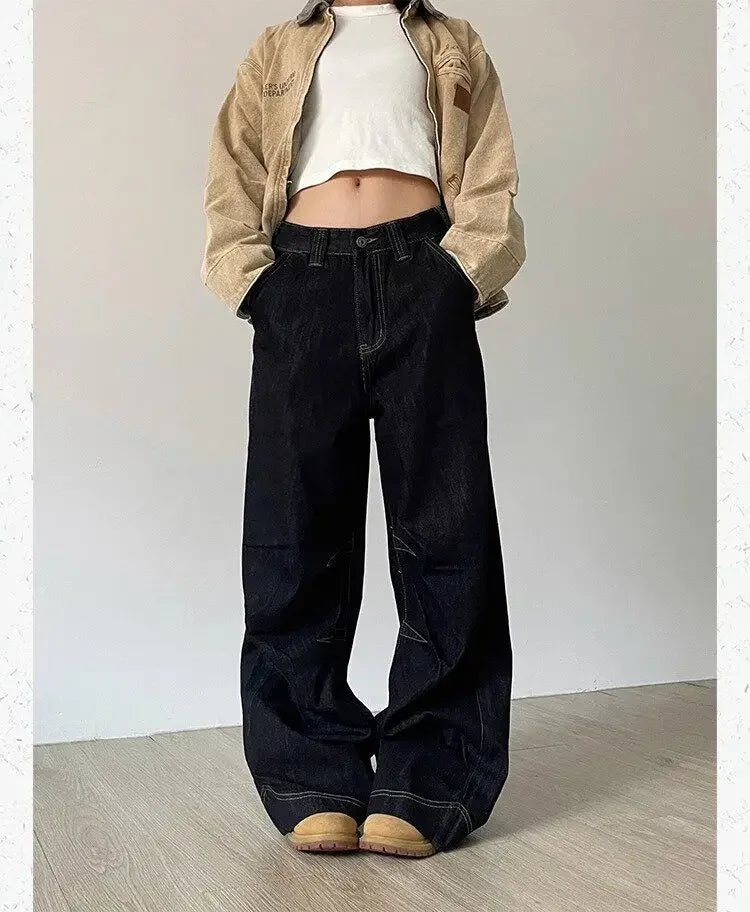 LIZAKOSHT  -  American Vintage Loose Jeans Women High Street Lazy Harajuku Y2K Wide Leg Pants Fashion Black Casual Chic Denim Trousers