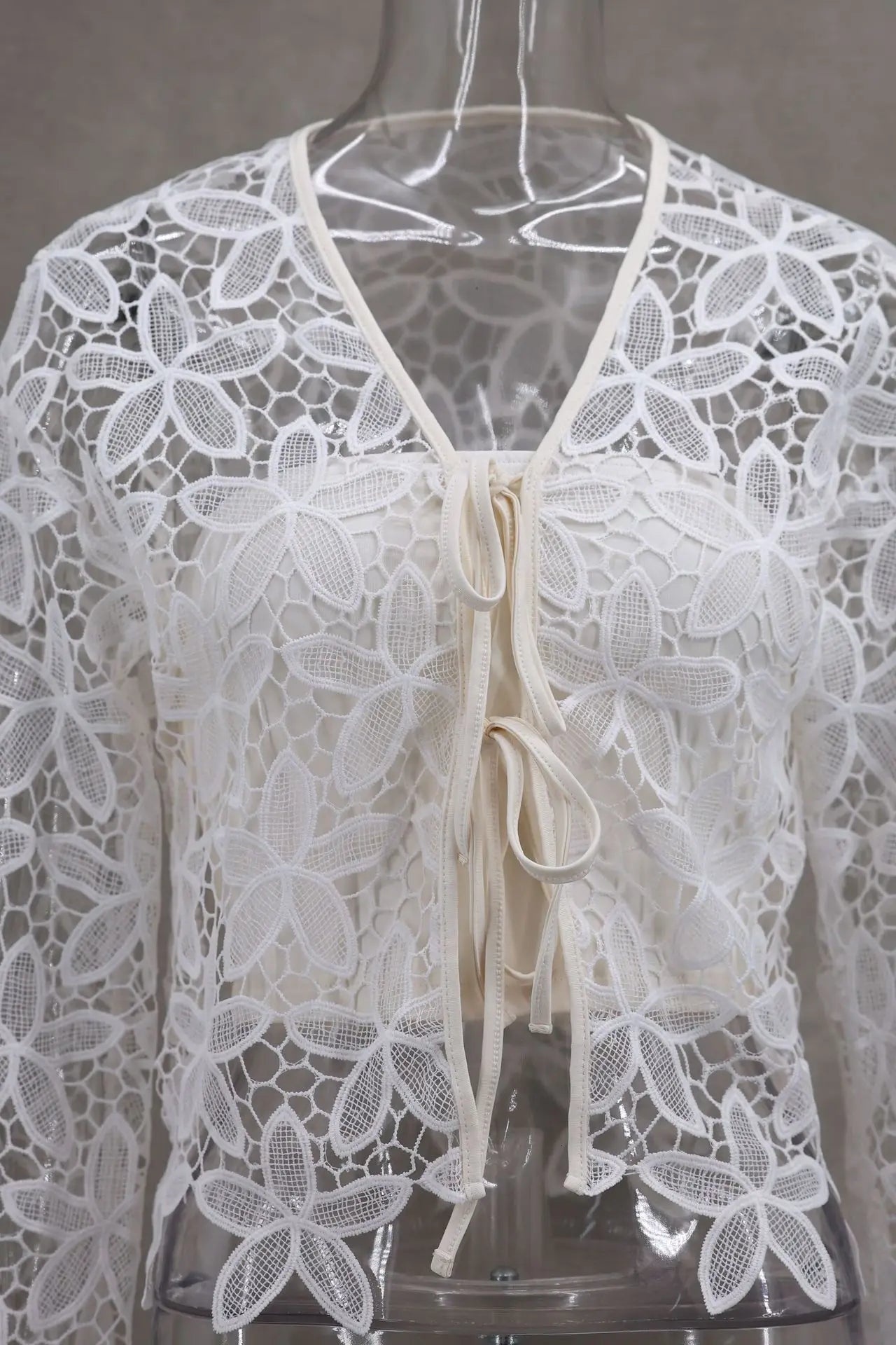 LIZAKOSHT  -  Cute Women's V-Neck Long Sleeve Cardigan Summer Sunscreen Casual White Color Versatile Hollow Lace-Up Design