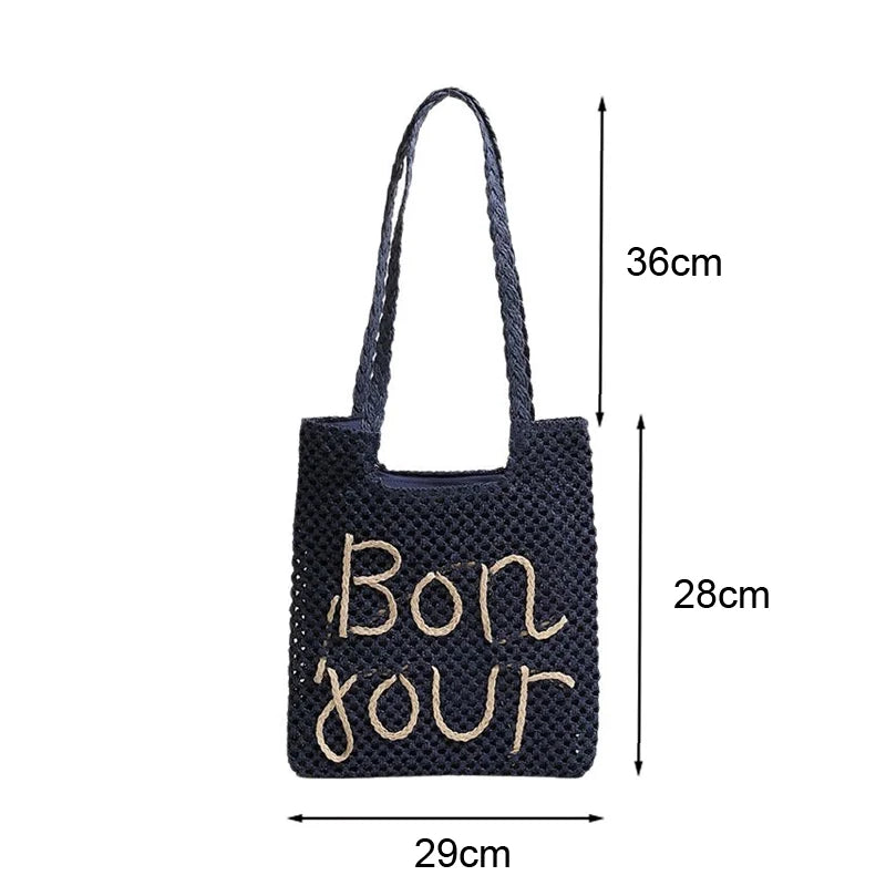 LIZAKOSHT  -  Women Fashion Letter Embroidered Shoulder Bag Hollow Grass Woven Beach Bags Vacation Handbag