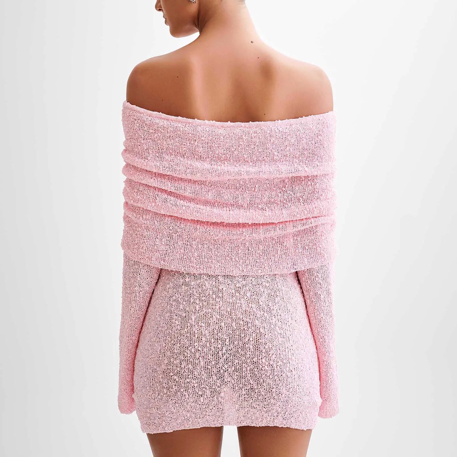 LIZAKOSHT  -  Sexy Women Bodycon Knitted Mini Dress Elegant Lady Boat Neck Off Shoulder Long Sleeve Casual Fuzzy Short Dress Party Cub
