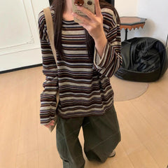 LIZAKOSHT  -  Loose Long Sleeve round Neck Striped T-Shirt Women's Spring Autumn New Design Casual American Base Shirt Top Comfortable