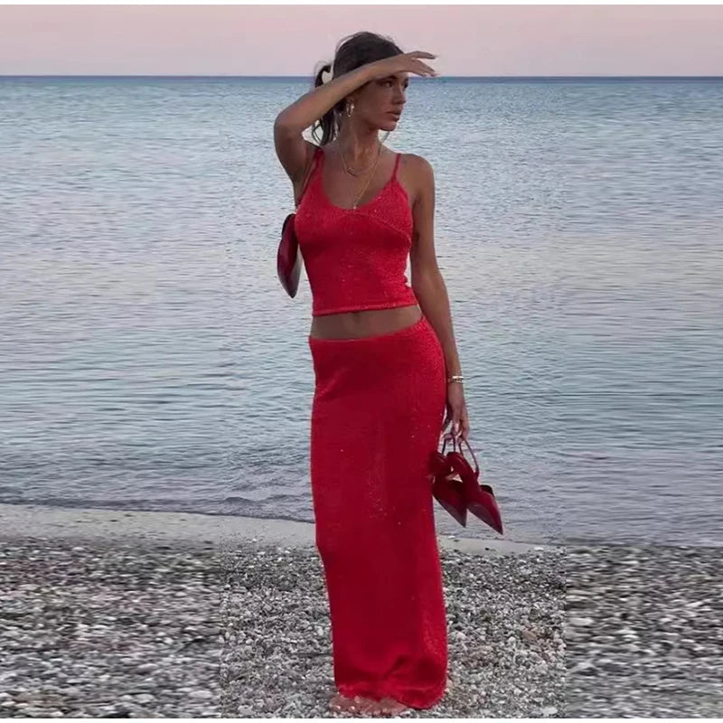 LIZAKOSHT  -  Sexy Glitter Knitted Slings Long Skirt Set Lady Casual Solid V-neck Tops Shiny Slim High Waist Skirts Sets Women Summer Beach