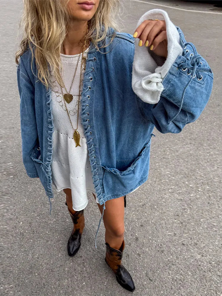 LIZAKOSHT  -  Fashion Women's Blue Denim Coat V-neck Loose Big Pockets Lace Up Bandage Jackets Female 2025 Autumn Lady All-matching Outwears