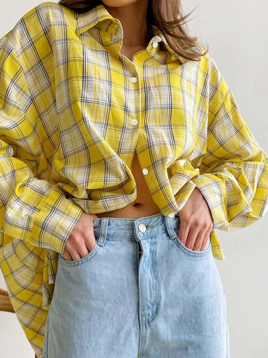 LIZAKOSHT  -  Bornladies 100% Cotton Women's Plaid Shirt Retro Fashion Long Sleeve Loose Top Summer Office Lady Casual Chic Cardigan Shirt
