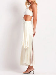 LIZAKOSHT  -  Summer Dresses Sexy Skinny Women's Sleeveless Dress New Fashion Tasseled Pleated One-Shoulder White Robe Female