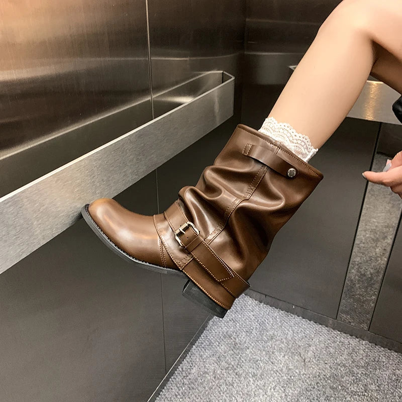 LIZAKOSHT  -  Autumn Winter Women Western Ankle Boots Fashion Belt Buckle Thick Heel Shoes Ladies Elegant Party Dress Short Booties