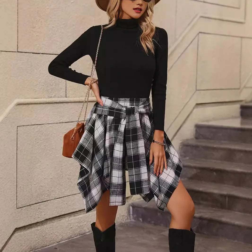 LIZAKOSHT  -  New Women's Nightclub Fashion Irregular Grid Tied Sleeves Fake Shirt Half Skirt