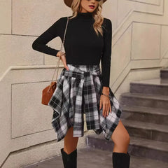 LIZAKOSHT  -  New Women's Nightclub Fashion Irregular Grid Tied Sleeves Fake Shirt Half Skirt