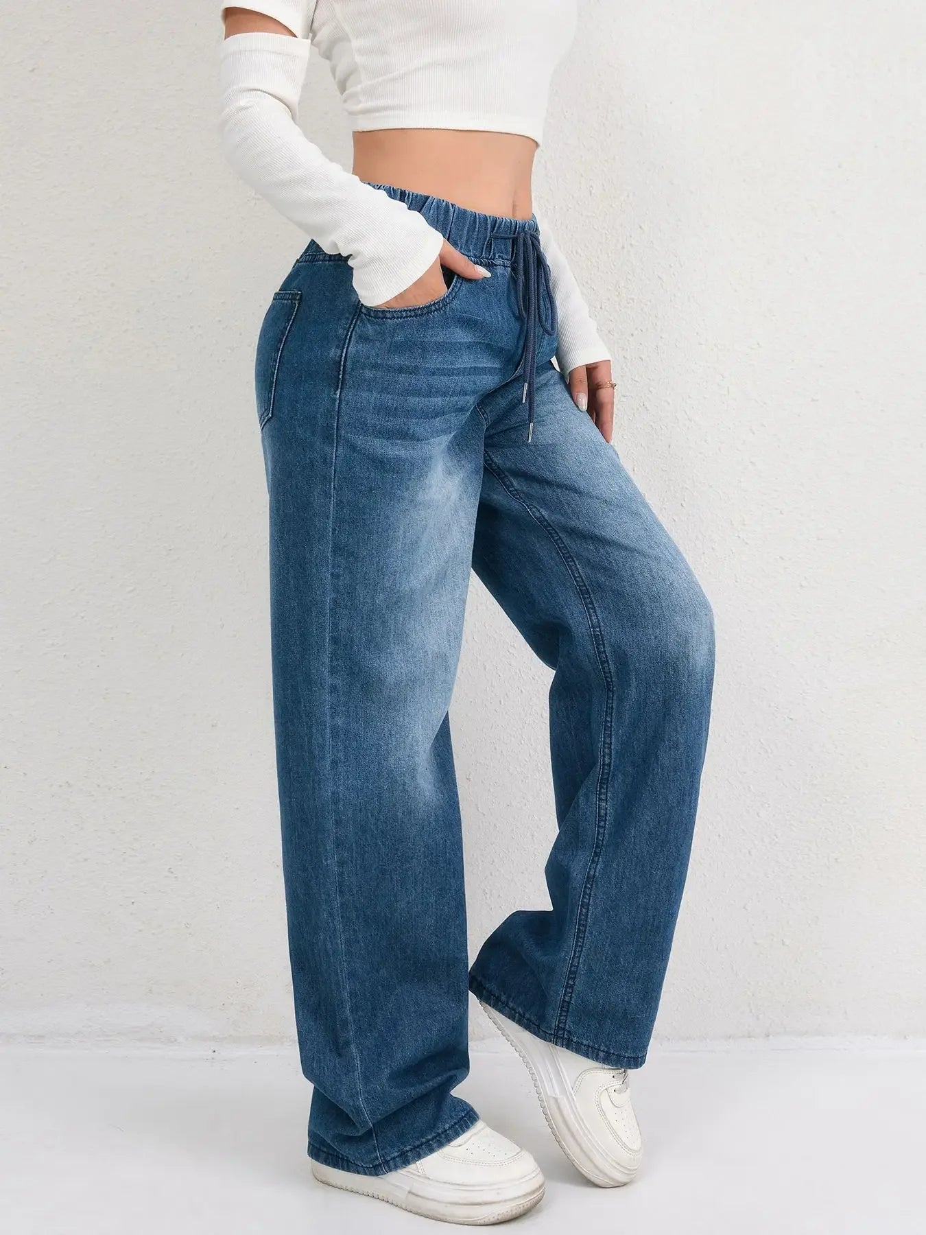 LIZAKOSHT  -  Trendy Elastic Waist Women Jeans Wide Pants Baggy Denim Trousers Loose Fit High Quality Comfort Stretch Fashion New Design