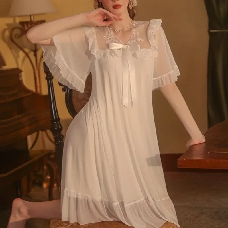 LIZAKOSHT  -  French Elegant Sweet Summer V Neck Short Sleeve Mesh Dress All Match Temperament Women Sleepshirt Y2k Casual Lounge Dress