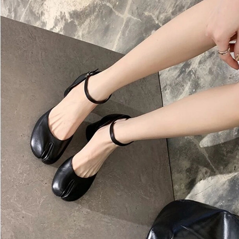 Lizakosht Women Fashion Split Toe Ninja Tabi Pumps High 6cm Heels Mary Janes Round Head Shoes Buckle Strap Shallow Sandals Shoes