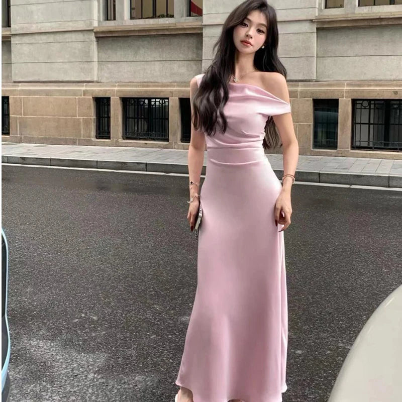 LIZAKOSHT  -  Satin Sexy Off Shoulder Dress Women Pink Skinny Elegant Soft Dress Classic Fashion Party Evening Gown Sleeveless Lady Vestidos