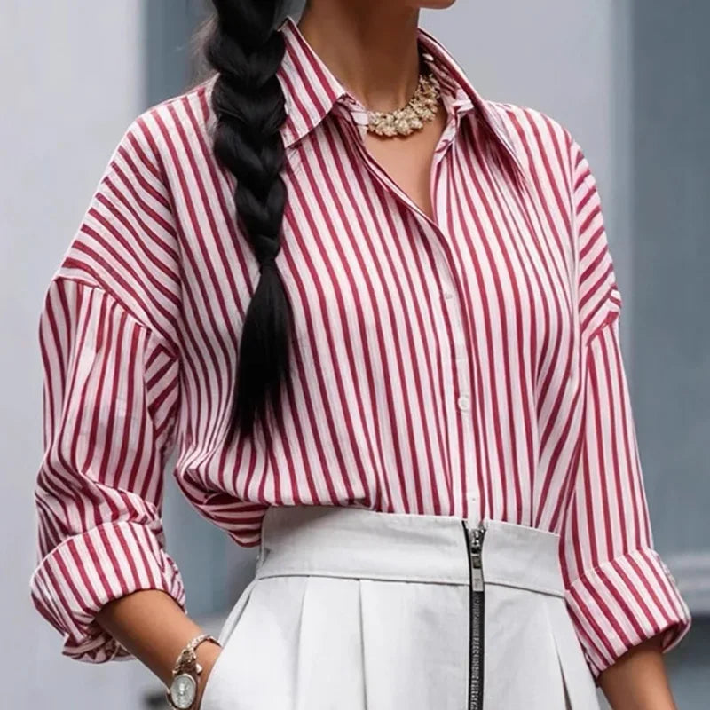 LIZAKOSHT  -  Elegant Striped Print Commuter Shirt Women's Fashion Lapel Long Sleeve Loose Cardigan Tops 2025 Casual Button Commuter Blouses