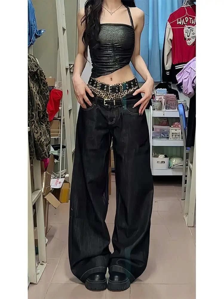 LIZAKOSHT  -  Vintage Leopard Print Patchwork Fake Two Piece Straight Wide Leg Jeans Stylish Street Jeans Harajuku Style Hot Girl Y2k Trousers