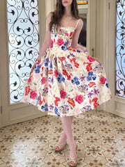LIZAKOSHT  -  French Sweet Romantic Floral Print Cami Dress Women Summer New Vintage Vacation Style Slim Fit A-Line Midi Dress Elegant Outfits