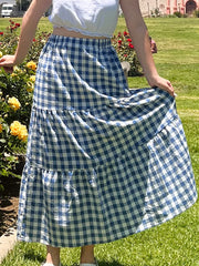 LIZAKOSHT  -  Maxi Gingham Skirt Vintage Tiered Ruff Patchwork Plaid Long Skirt Women Japanese Grunge Fairyore High Waist A-line Swing Skirts