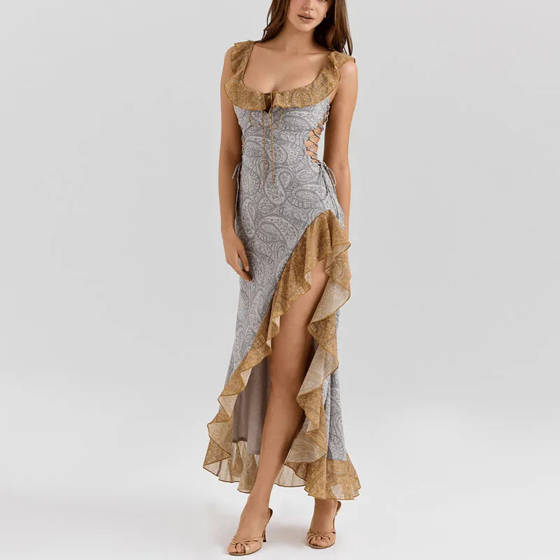 LIZAKOSHT  -  Printed Flounce Lace Up Long Halter Dress Woman Slim Sleeveless Patchwork Color Chic Robes Sexy Beach Vacation Women's Dresses