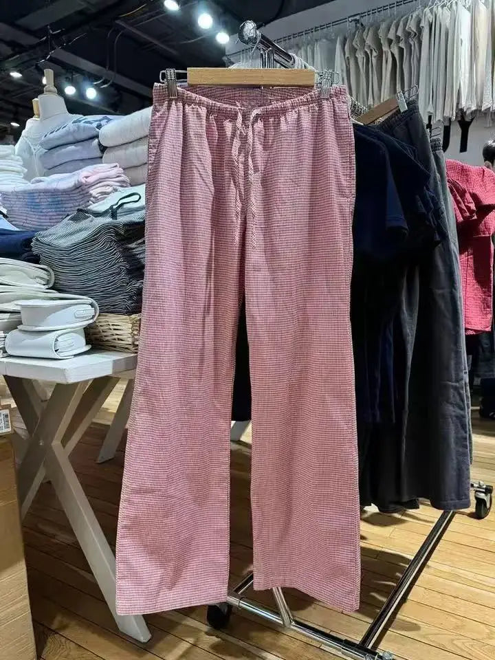 LIZAKOSHT  -  Pink Striped Drawstring Casual Pants Summer Elastic High Waist Cotton Thin Loose Trousers Women Casual Simple Sweet Home Pants