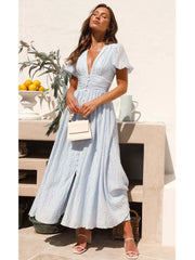 Lizakosht V-neck Yellow Puff Sleeve Split Solid Summer Women Dress 2024 A-line Maxi Long Sundress Vestido Button Beach Dress Party