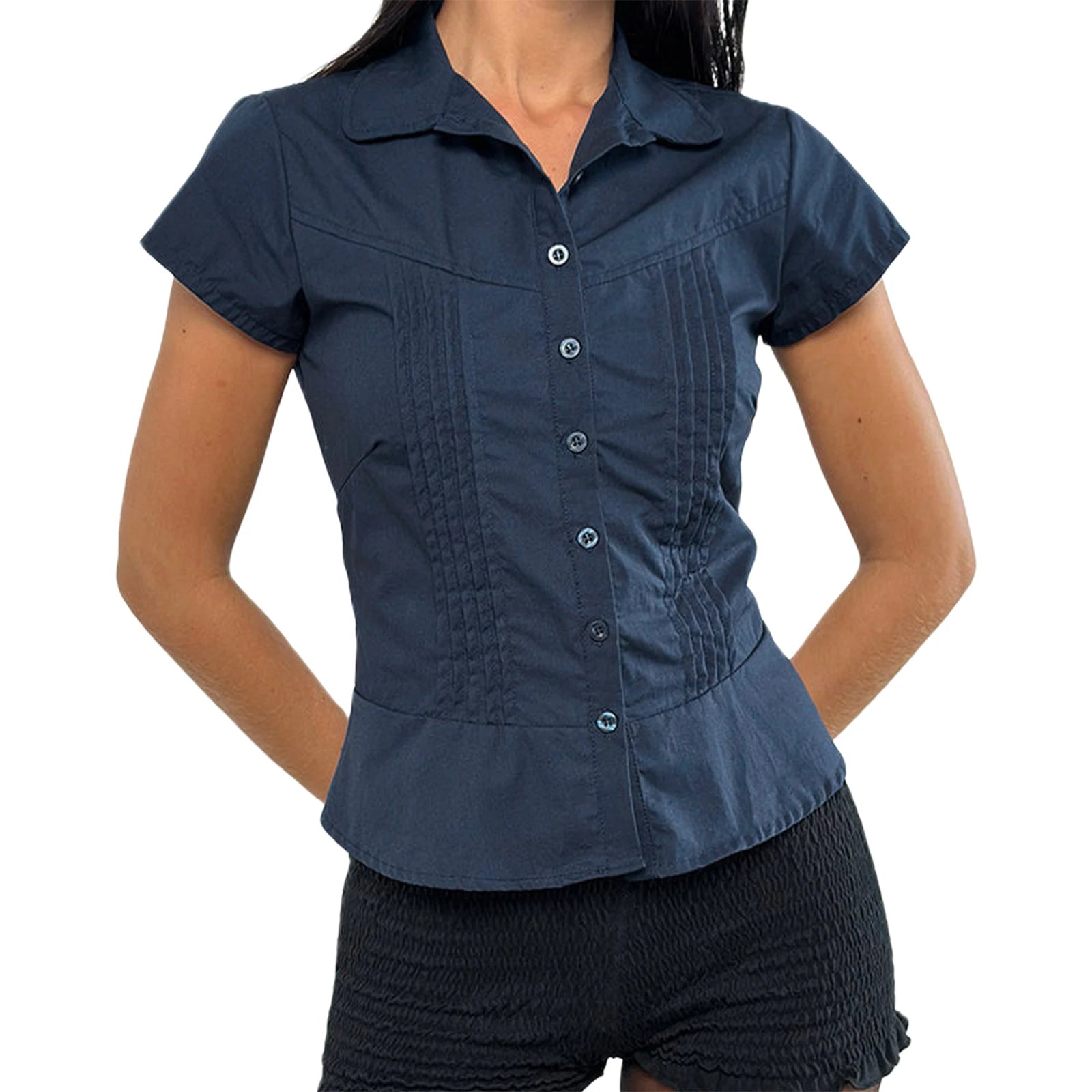 LIZAKOSHT  -  Women's Summer Shirt Solid Color Short Sleeve Lapel Button Down Pleated Slim Fit Tops