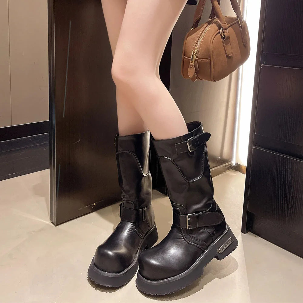 LIZAKOSHT  -  Brand New Big Size 42 Women's Punk Motorcycle Boots Street Black Big Toe Platform Square Heels Mid-calf Boots Buckle Belt Shoes