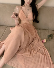 LIZAKOSHT  -  Sexy Pleated Boho Backless Spaghetti Strap Long Dress Women V-neck Vacation Beach A-line Ladies Robe Summer Casual Clothes
