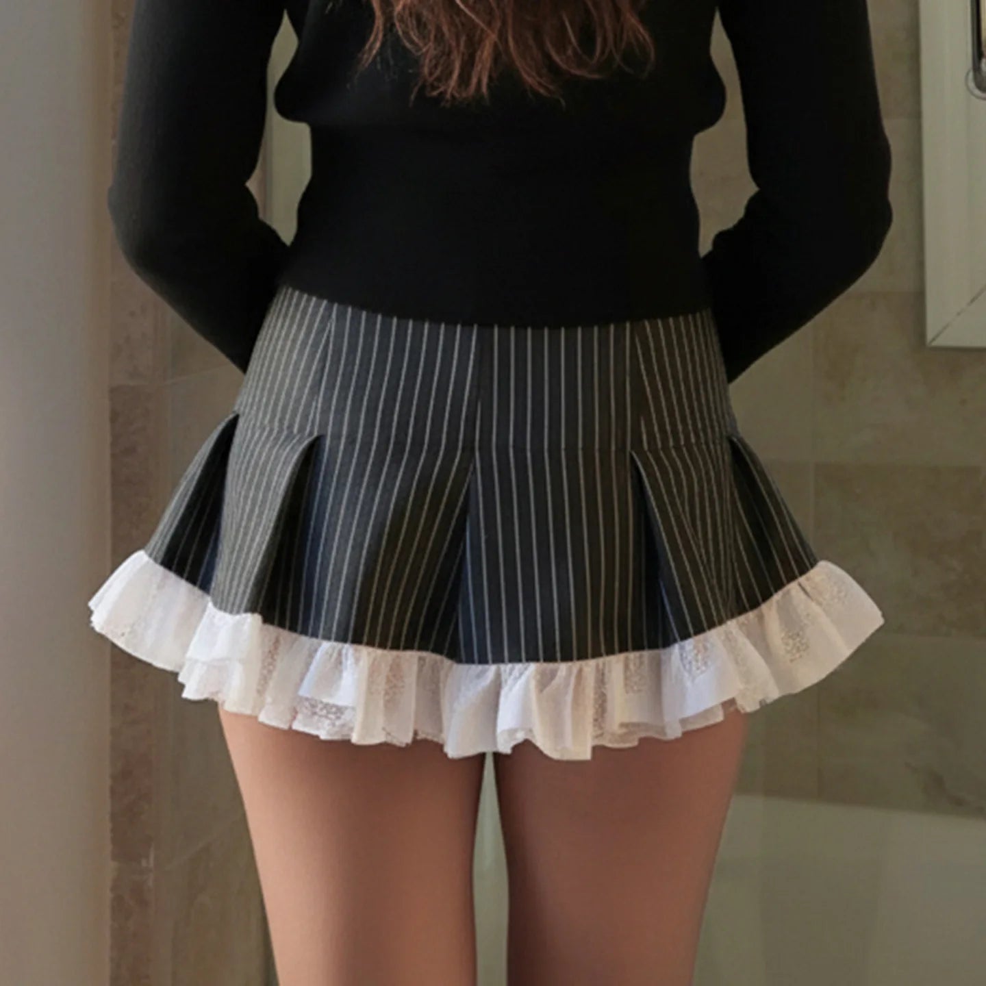 LIZAKOSHT  -  Y2K Style Skirt Bow Lace Striped Half Low Waist Slimming Spicy Girl Short Pleated European American