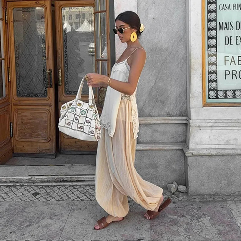 LIZAKOSHT  -  summer Women Loose-fitting Vest Casual Scoop Neck Sweet Spaghetti Strap Chiffon Blouses Ladies Ruffle Hem Flowy Cami Top