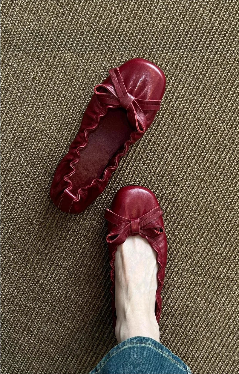 LIZAKOSHT  -  Red Bow Pleated Design Brand Ballet Flat Shoes Women Retro Round Toe Shallow Mary Jane Shoes Comfortable Moccasin Casual Shoes