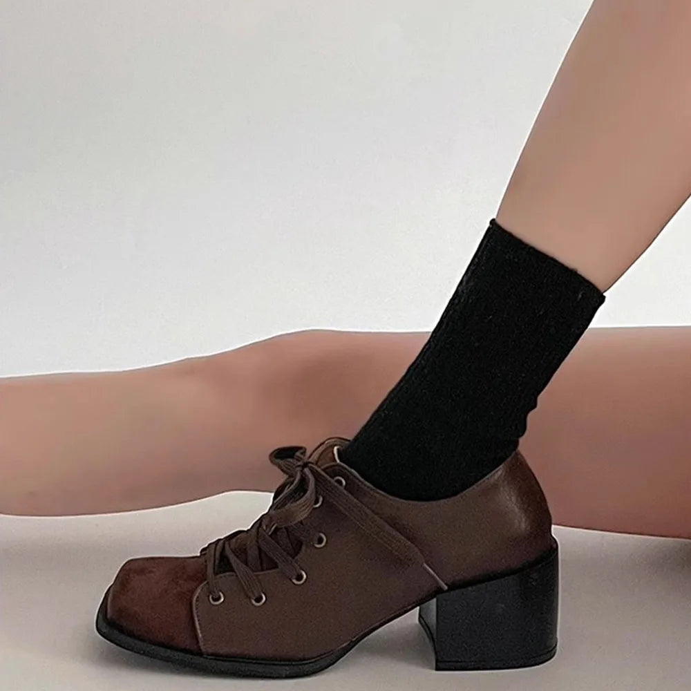 LIZAKOSHT  -  Vintage Brown maillard Style Casual Pumps Square Toe Patchwork Block Heels Lace-up Shoes Women