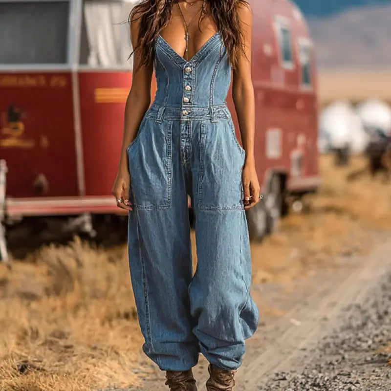 LIZAKOSHT  -  Western Cowboy Denim Jumpsuit for Women, Casual Outdoor Overalls Trousers with Pockets, Plus Size Available