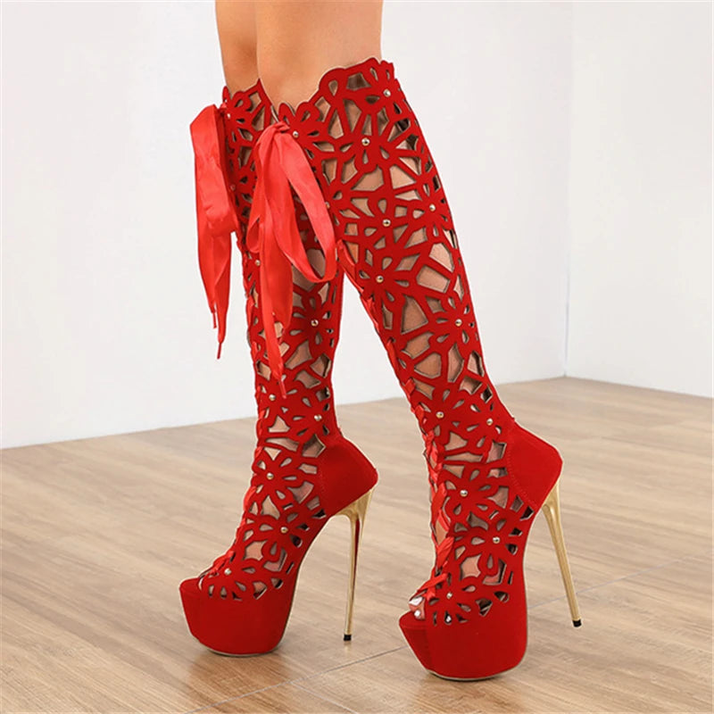 LIZAKOSHT  -  Suede Leather Peep Toe Thick Bottom Super High Heels Knee High Women Boots Hollow Out Butterfly Knot Fashion Rome Female Shoes