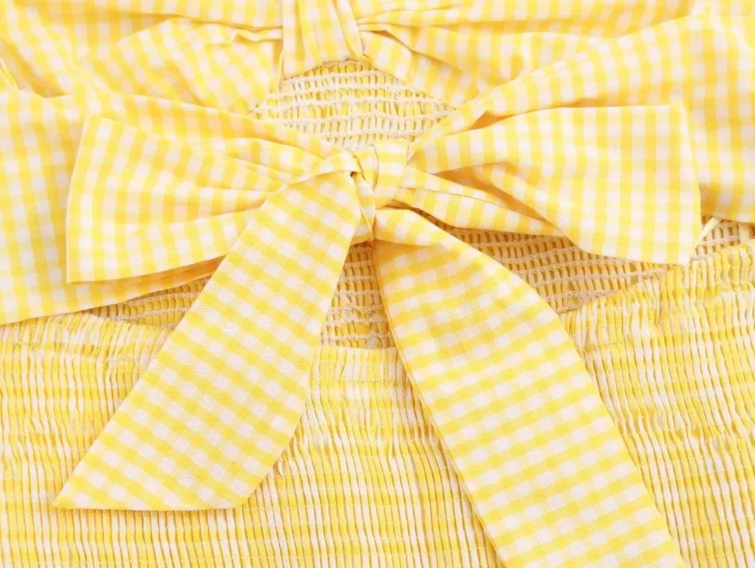 LIZAKOSHT  -  New Fashion Vintage Beach Mini Dress for Women 2024 Summer Holiday Women Casual Small Plaid Bow Yellow Dress Elegant Vestidos