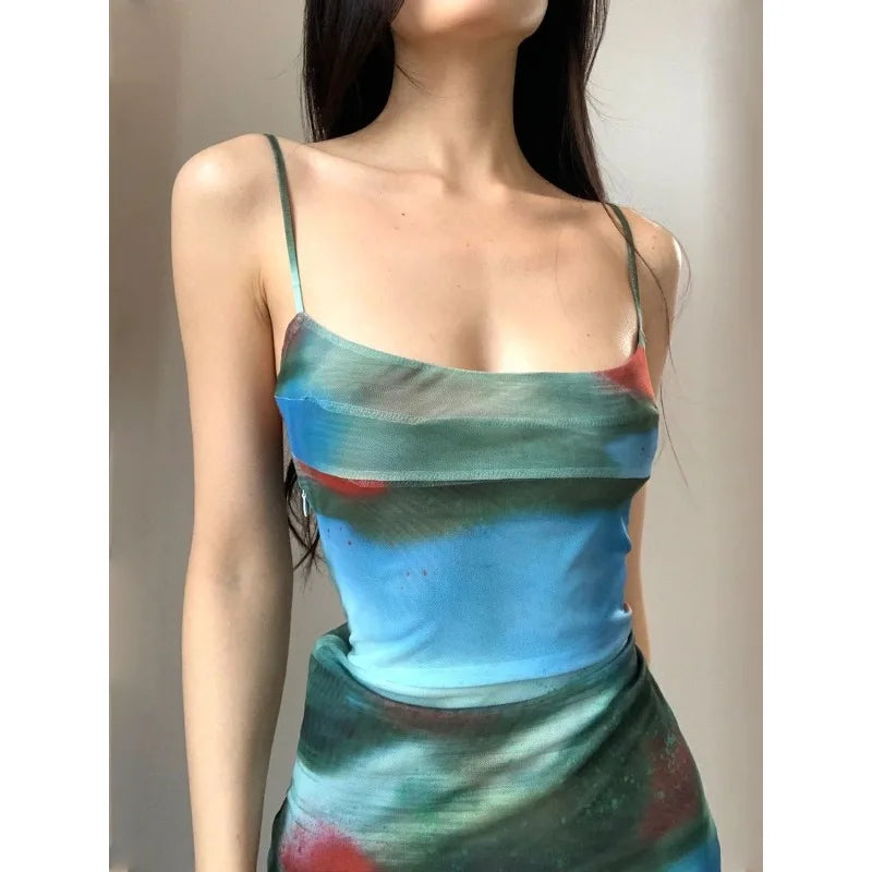 LIZAKOSHT  -  French Retro Dress Figure-hugging Tie-dye Halter Dress Slimming Women Seaside Vacation Fashionable Sexy Stylish Women's Clothing