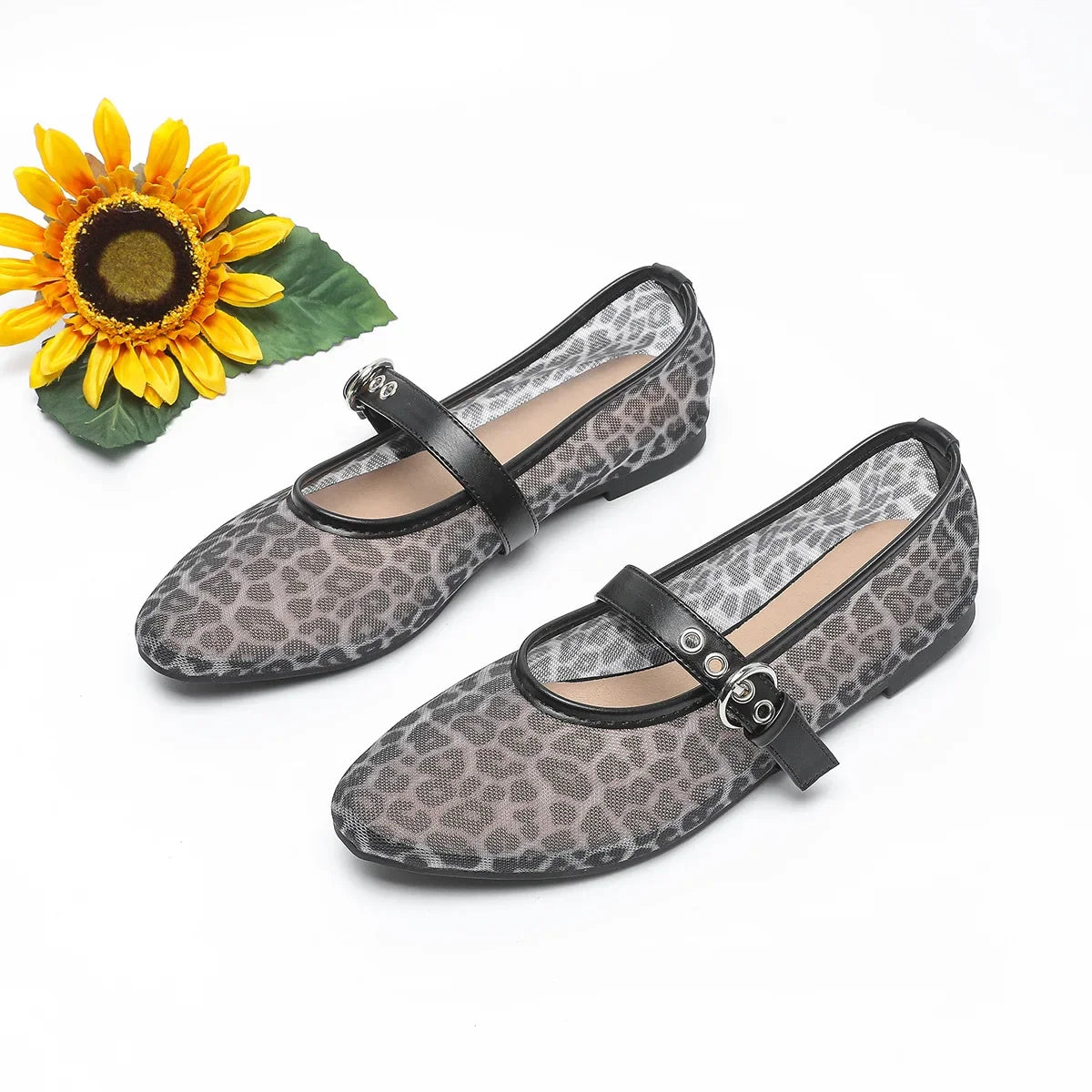 LIZAKOSHT  -  Leopard Mesh Round Toe Flat Ballet Shoes Brand Designer Sandals Women Breathable Soft Sole Comfy Fashion Mary Jane Shoes Female