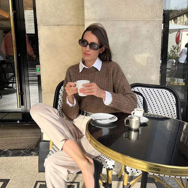 LIZAKOSHT  -  Autumn Brown Round Neck Knitted Pullover Women Solid Chic Full Sleeve Loose Casual Sweater Warm Lady Commuting Street Knitwear ﻿